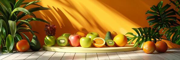 Podium beauty display stage with summer fashion luxury plants, mixed fruits background, empty space for text, photo