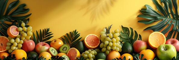 Podium beauty display stage with summer fashion luxury plants, mixed fruits background, empty space for text, photography photo