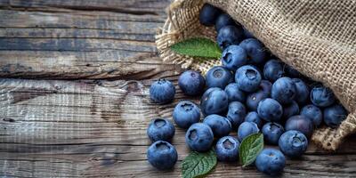Organic blueberries scattered on a rustic wooden surface with a burlap bag, photo