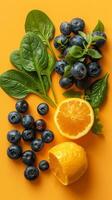 Fresh and healthy food to the right of the image, isolated on a solid orange background, bergamot, bilberries, spinach, and turmeric root, photorealistic photo
