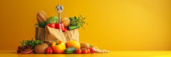 Paper shopping bag full of groceries with a large 3D pin and map above the bag on a bright yellow background, photography photo