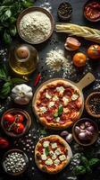 Panoramic top view of table with pizza making ingredients and flour, photography photo