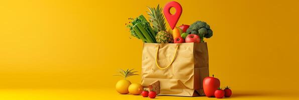 Paper shopping bag full of groceries with a large 3D pin and map above the bag on a bright yellow background, picture photo