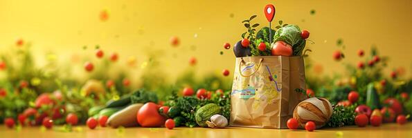 Paper shopping bag full of groceries with a large 3D pin and map above the bag on a bright yellow background, photorealistic photo