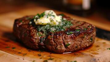 Seared steak on cutting board topped with melting herb butter, photorealistic photo