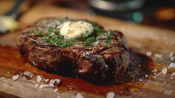 Seared steak on cutting board topped with melting herb butter, picture photo
