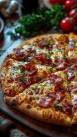 Close-up view of juicy, delicious pizza, photorealistic photo