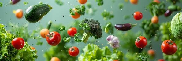 Hyper-realistic photo of vegetables flying in air on green background, high quality, monotone green, beautiful, photo