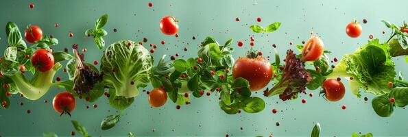 Hyper-realistic photo of vegetables flying in air on green background, high quality, monotone green, beautiful, picture