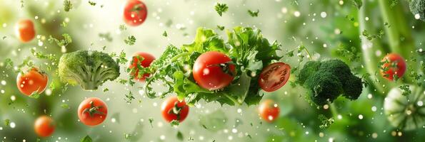 Hyper-realistic photo of vegetables flying in air on green background, high quality, monotone green, beautiful, photo