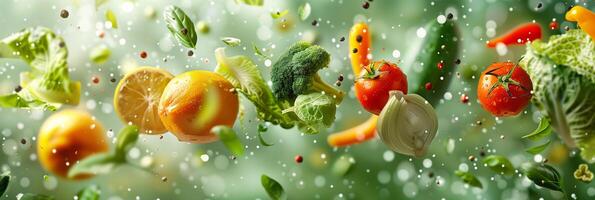 Hyper-realistic photo of vegetables flying in air on green background, high quality, monotone green, beautiful, photography