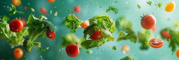 Hyper-realistic photo of vegetables flying in air on green background, high quality, monotone green, beautiful, photorealistic