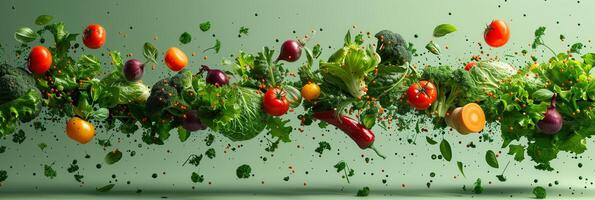 Hyper-realistic photo of vegetables flying in air on green background, high quality, monotone green, beautiful, photography