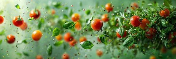 Hyper-realistic photo of vegetables flying in air on green background, high quality, monotone green, beautiful, photorealistic