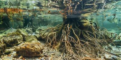 Dense, tangled roots spreading across substrate in clear aquatic habitat, photorealistic photo