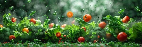 Hyper-realistic photo of vegetables flying in air on green background, high quality, monotone green, beautiful, picture