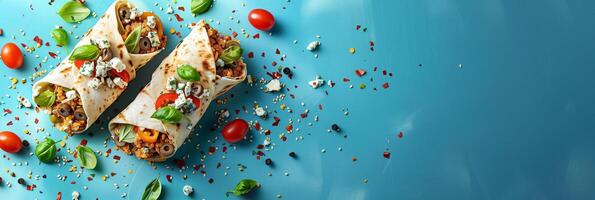 Shawarma with feta cheese and olives on a plain blue background, with flying olives, photorealistic photo