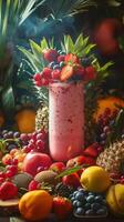Vivid and appetizing photograph capturing a healthy lifestyle through a freshly made fruit smoothie on a beautifully arranged table, surrounded by fresh fruits, picture photo