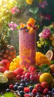 Vivid and appetizing photograph capturing a healthy lifestyle through a freshly made fruit smoothie on a beautifully arranged table, surrounded by fresh fruits, photography photo