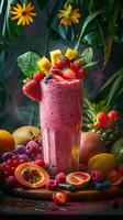Vivid and appetizing photograph capturing a healthy lifestyle through a freshly made fruit smoothie on a beautifully arranged table, surrounded by fresh fruits, photo