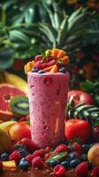 Vivid and appetizing photograph capturing a healthy lifestyle through a freshly made fruit smoothie on a beautifully arranged table, surrounded by fresh fruits, photorealistic photo