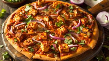 Pizza topped with Indian flavors featuring a thin crust tikka masala sauce chunks of grilled paneer red onions and fresh cilantro, photorealistic photo