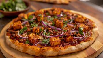 Pizza topped with Indian flavors featuring a thin crust tikka masala sauce chunks of grilled paneer red onions and fresh cilantro, picture photo