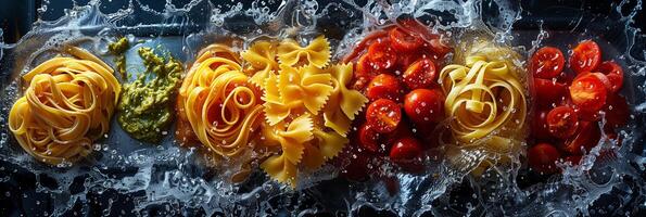 Wok on a stove filled with various types of pasta and sauces, chaotic and dynamic composition, picture photo