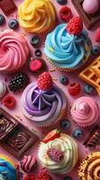 Random delicious dessert designs with ice cream, cupcakes, cookies, chocolate, waffles, and candies, colorful and diverse, picture photo