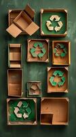 Recycling symbol made from carton boxes on a solid green background with copy space, photorealistic photo