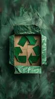 Recycling symbol made from carton boxes on a solid green background with copy space, photo