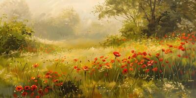 Red and orange wildflowers interspersed among green grasses in a sunlit, open garden meadow, photo