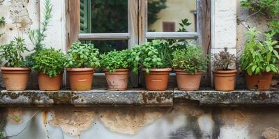 Rows of herb plants in uniform clay pots on a narrow balcony ledge, picture photo