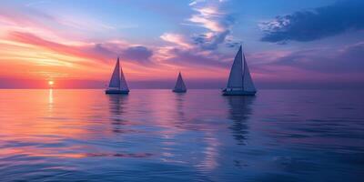 Sailboats dot calm sea, sails catching last light of setting sun, photography photo