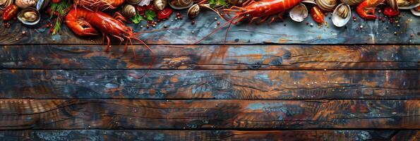Seafood on an old wooden table, blank space, top view, high resolution, picture photo