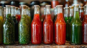 Glass bottles of vibrant red and green fermented hot sauces neatly arranged on a shelf, photo
