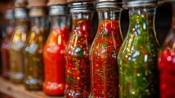Glass bottles of vibrant red and green fermented hot sauces neatly arranged on a shelf, photography photo