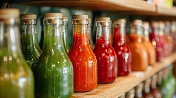 Glass bottles of vibrant red and green fermented hot sauces neatly arranged on a shelf, photorealistic photo