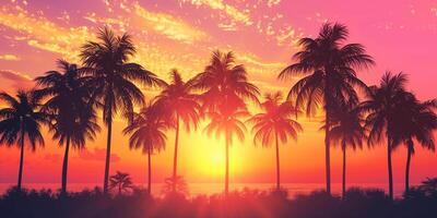 Silhouetted palm trees against vibrant orange and pink sunset sky, photography photo