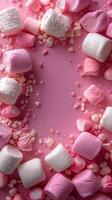 Pastel-colored, fluffy background with marshmallow texture, monochrome with slight details on the sides and an empty center, photo
