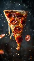 Flying pepperoni pizza slice, dark background, bright lighting, photography photo