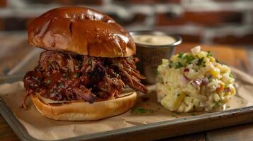 Smoky and tender pulled pork on toasted bun with homemade potato salad, photography photo