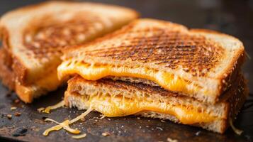 Smoky grilled cheese sandwiches with perfectly melted cheese oozing out from between golden crispy bread slices, photography photo
