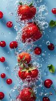 Strawberries and cherries underwater with bubbles and splashes, photorealistic photo