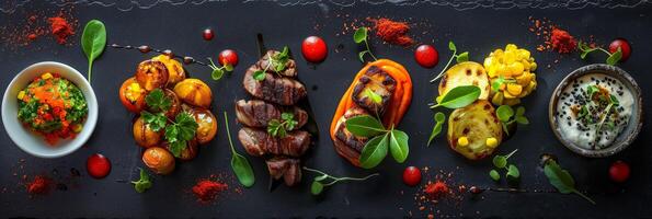 South African food flatlay with dramatic lighting and bold shapes on a black textured background, photorealistic photo