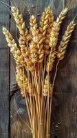 Wheat on a wooden table, top view, photography photo