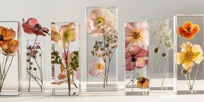 Studio shot of pressed flowers encased in acrylic blocks, highlighting transparency, picture photo
