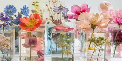 Studio shot of pressed flowers encased in acrylic blocks, highlighting transparency, photorealistic photo