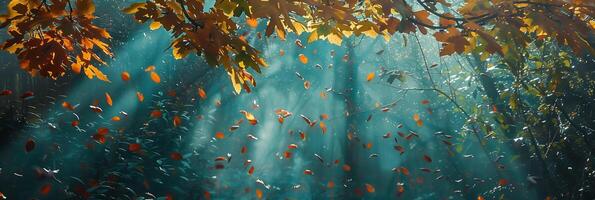 Sunlight streaming through autumn leaves in a peaceful forest, photorealistic photo