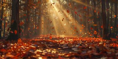 Sunlight filtering through dense forest, casting warm glow on leaves, picture photo